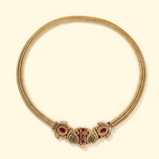 South Indian gold plated Peacock Chitaag multi-strand choker necklace with ruby and emerald stones - Jija Jewellery