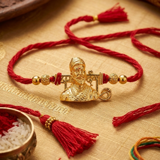 Shivaji Maharaj gold-plated rakhi worn on wrist – Maharashtrian heritage Rakshabandhan gift – Jija Jewellery