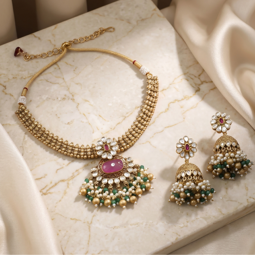 PadmaRatna pink Kundan gold-plated bridal choker necklace set with matching jhumki earrings by Jija Jewellery