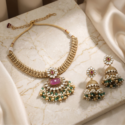 PadmaRatna pink Kundan gold-plated bridal choker necklace set with matching jhumki earrings by Jija Jewellery
