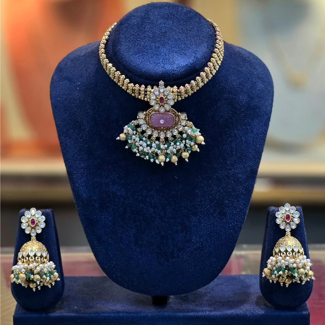 PadmaRatna traditional pink Kundan pearl choker set styled for Indian bridal and reception occasions
