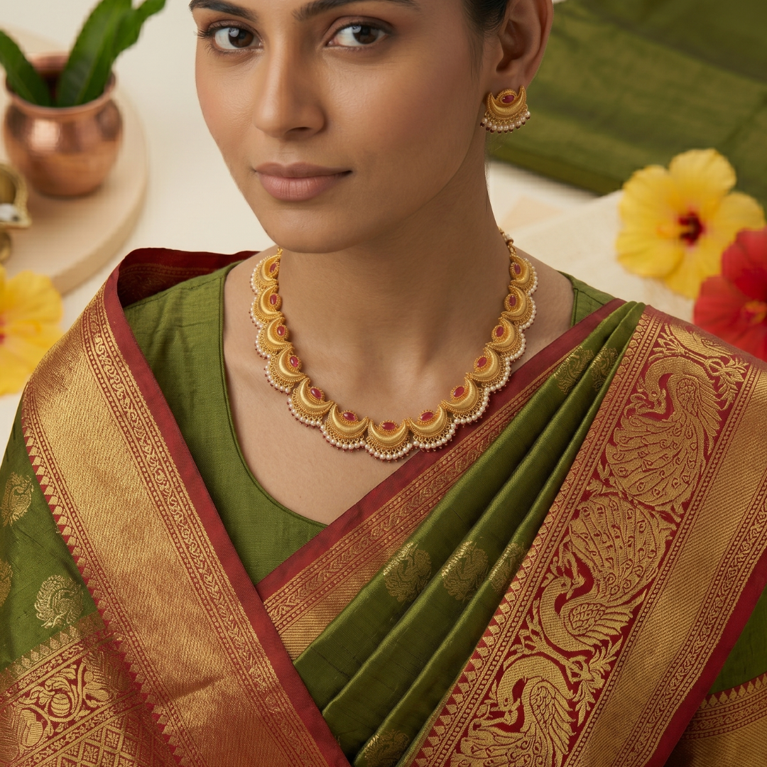 Traditional Chandrakor crescent necklace in anti-tarnish gold plating for Maharashtrian bridal and festive wear