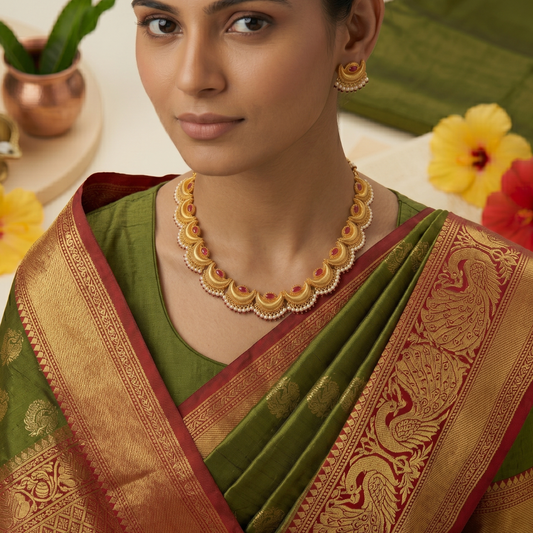 Traditional Chandrakor crescent necklace in anti-tarnish gold plating for Maharashtrian bridal and festive wear