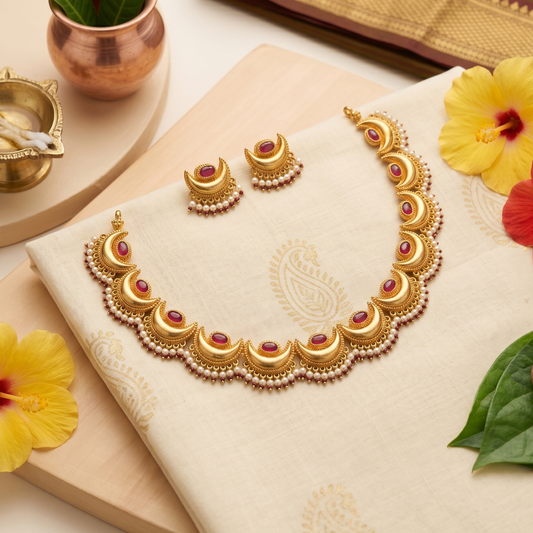 Chandrakor Maharashtrian gold-plated crescent moon necklace set with matching earrings by Jija Jewellery