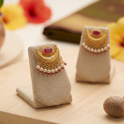 Chandrakor gold-plated necklace set styled with saree for weddings, Navratri and Diwali occasions