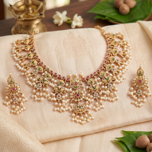 South Indian temple gold-plated bridal necklace set with matching earrings by Jija Jewellery