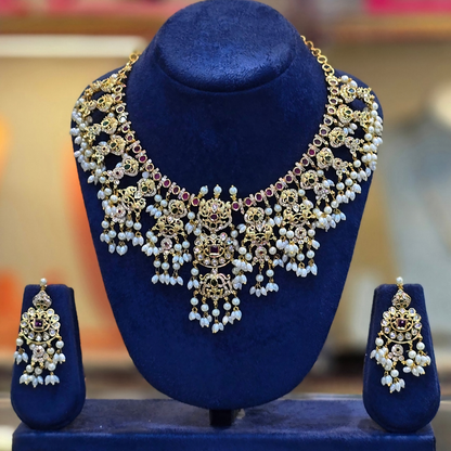 Close-up of South Indian temple jewellery showing fine gold-tone craftsmanship and anti-tarnish finish