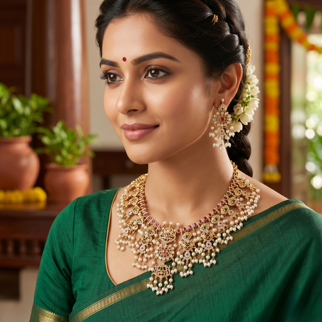 Gold-plated South Indian temple necklace set with intricate detailing for weddings and festive wear