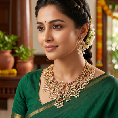 Gold-plated South Indian temple necklace set with intricate detailing for weddings and festive wear