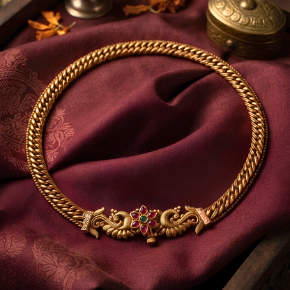 Chitang inspired gold plated traditional necklace with peacock motif on maroon silk fabric