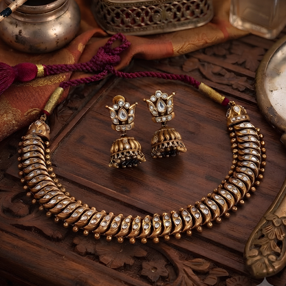 Shinde Shahi gold plated necklace set with Jhumka earrings full set on display