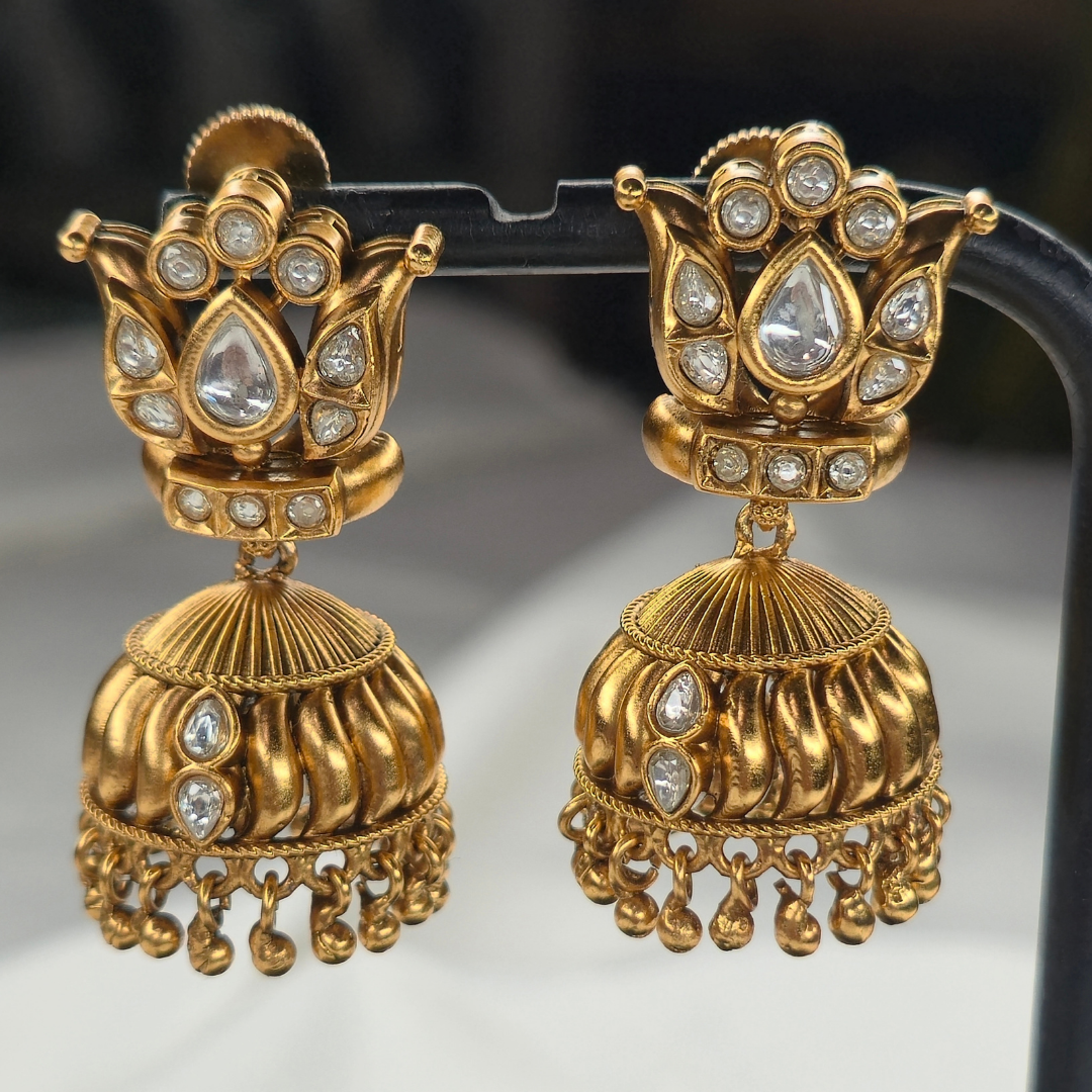 Shinde Shahi antique gold necklace set with matching Jhumka earrings - full set view