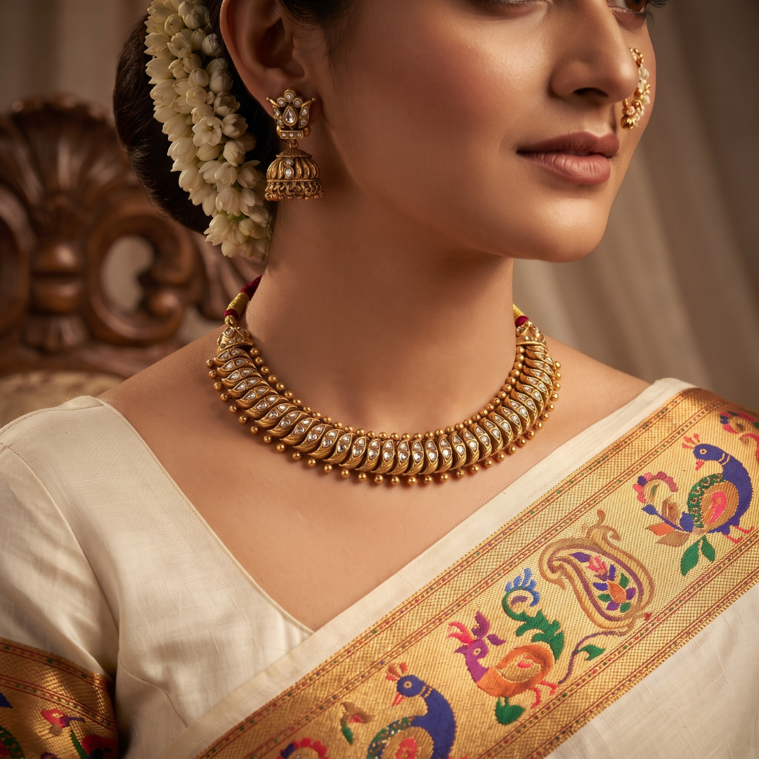 Shinde Shahi antique gold plated bridal necklace set with Jhumka earrings on model