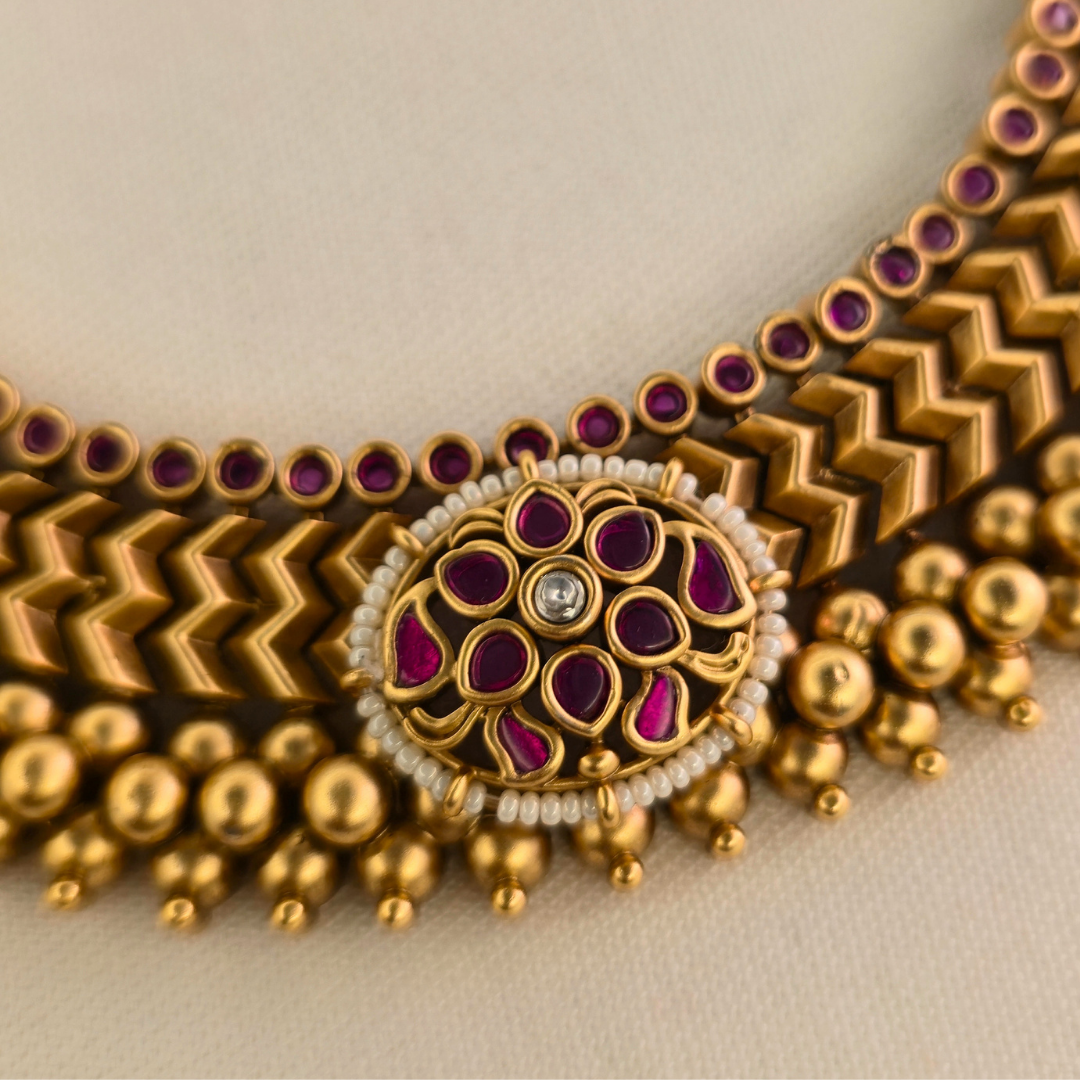 Matching antique gold dome earrings with kundan inlay and gold bead cluster stud – Maharashtrian traditional jewellery