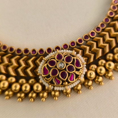 Matching antique gold dome earrings with kundan inlay and gold bead cluster stud – Maharashtrian traditional jewellery