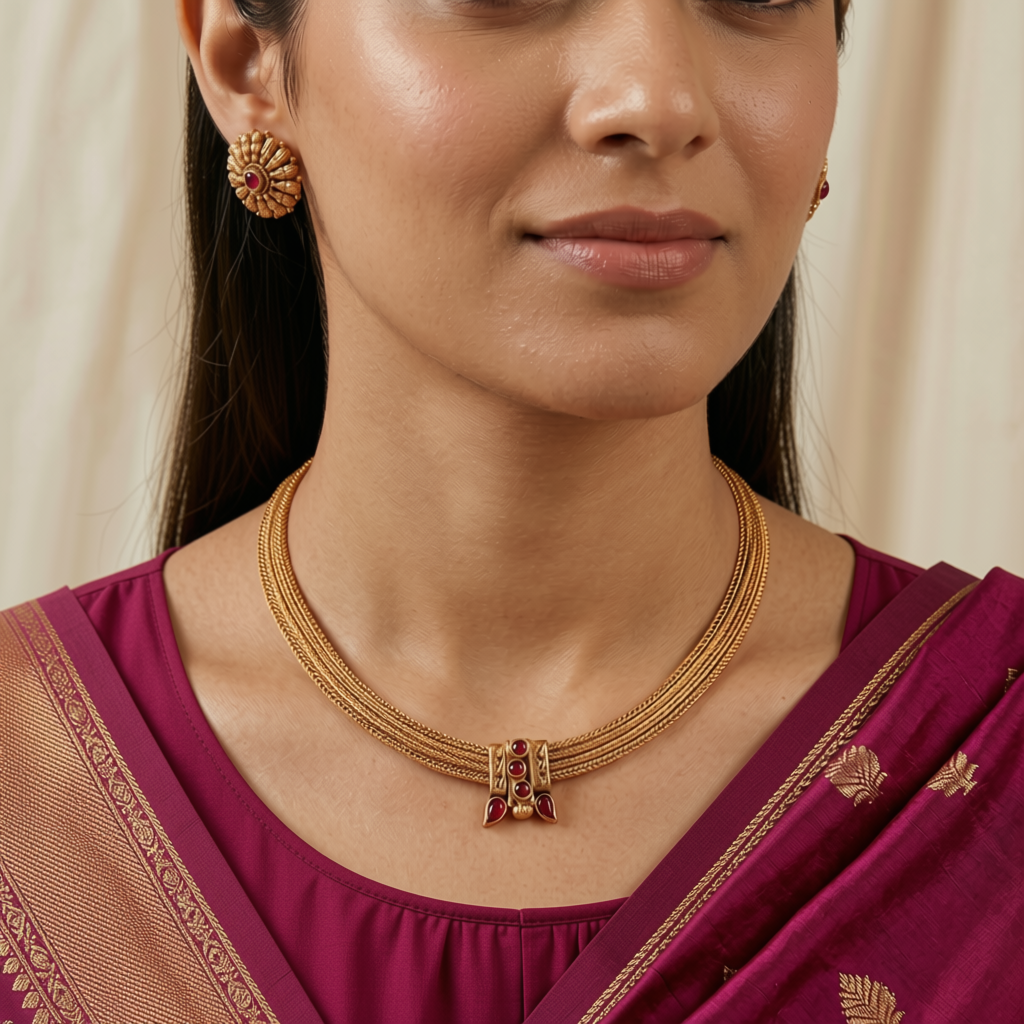 South Indian Ruby Chitaag Necklace Set | Gold Plated Choker with Earrings