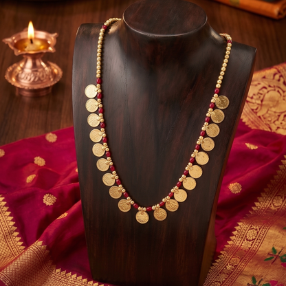 Putali Haar Maharashtrian gold plated coin necklace with coral Powle beads front view