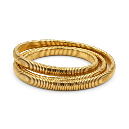 Tarnish-free gold wrap bracelet on wrist, lightweight skin-friendly design