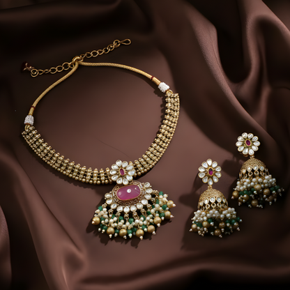 PadmaRatna Choker – Gold Plated Kundan & Pink Gemstone Bridal Ethnic Necklace Set | Festive Wedding Jewellery