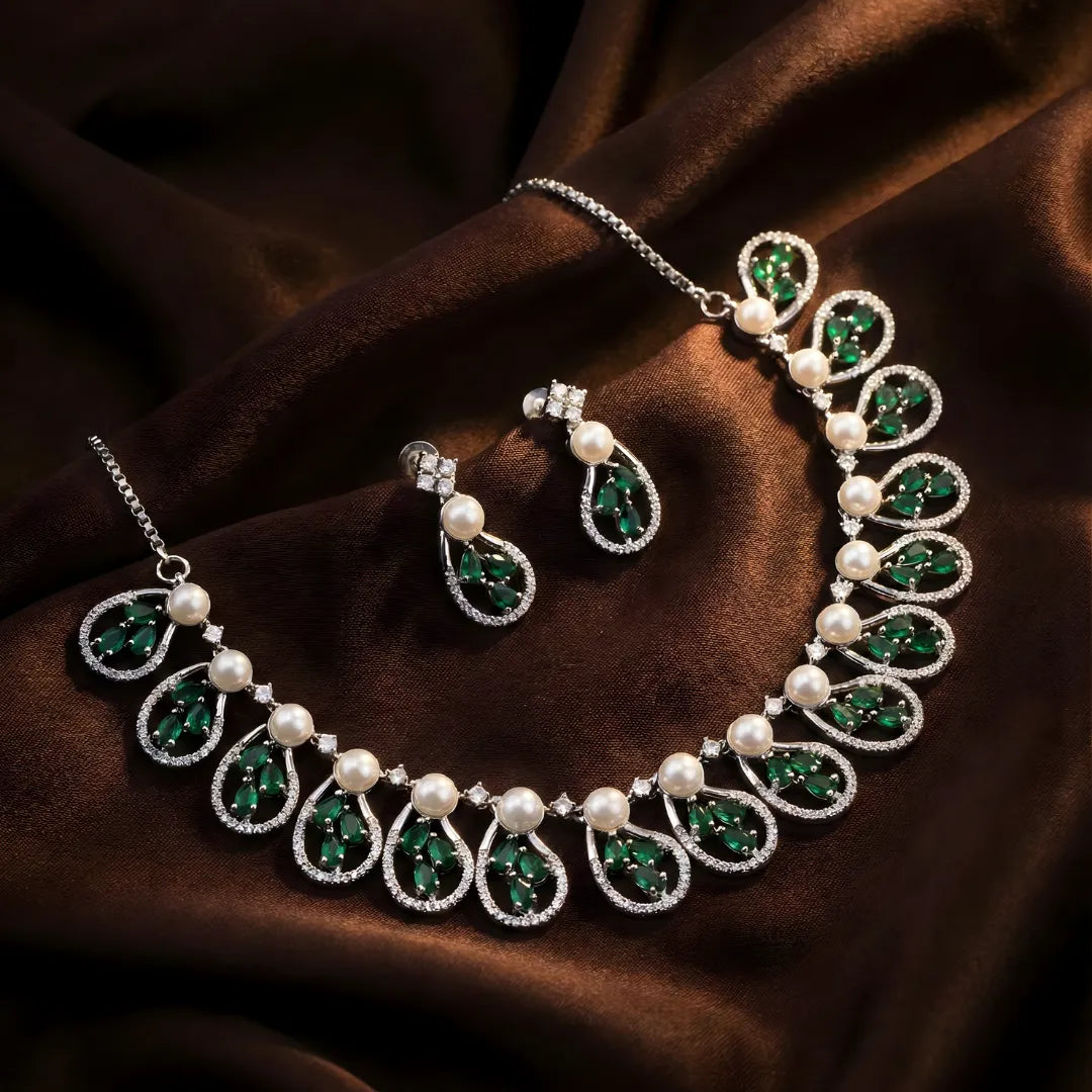 Green CZ Stones & Pearls Studded Necklace – Rhodium Plated | Ethnic Festive & Wedding Jewellery for Women