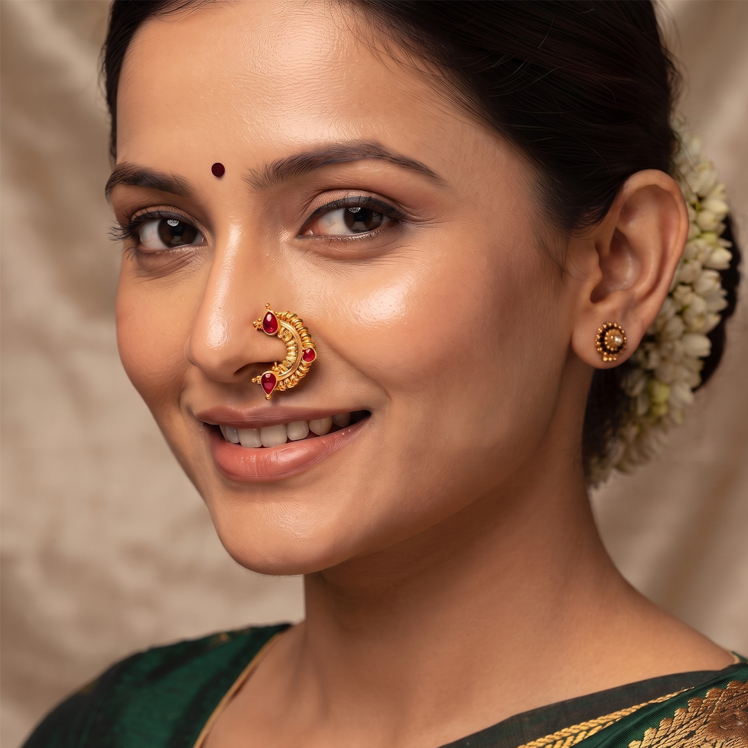 Model wearing gold-plated Maharashtrian nath with nauvari saree