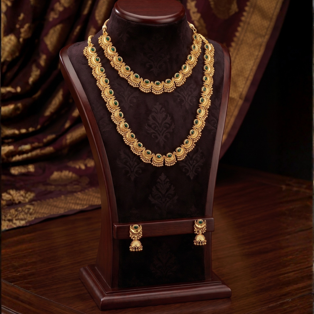 Traditional Marathi gold tone Chandrika heritage 2 piece necklace set styled for wedding and festive wear