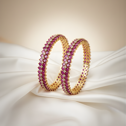 Gold Plated Ruby Stone Bangles with White Stones and Anti-Tarnish Coating - Front View