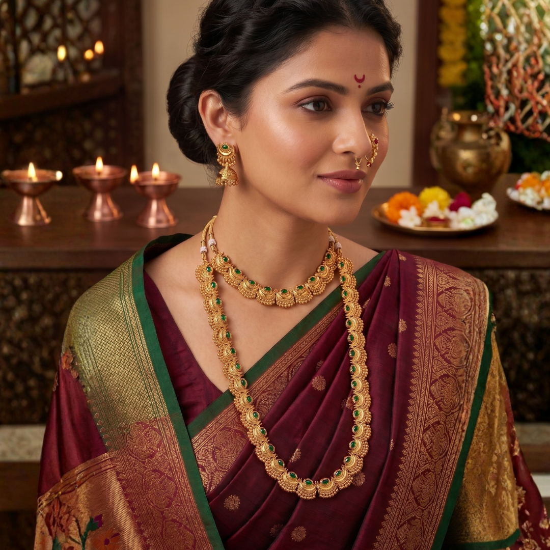 Gold plated anti-tarnish Maharashtrian Chandrakor necklace set close-up showing crescent moon motif detail