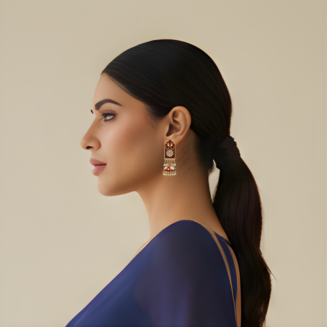 Red Meena Work Zumka Earrings