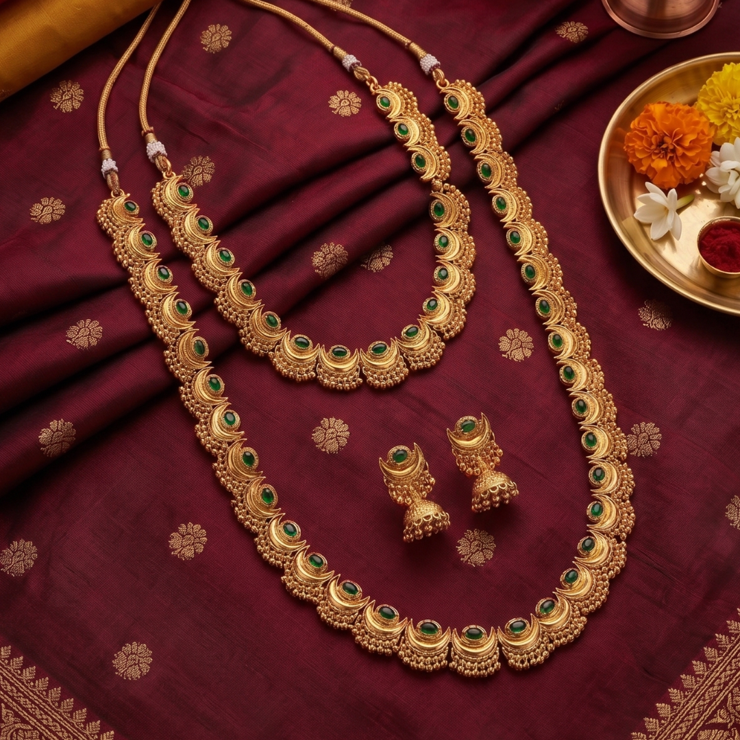 Chandrika Heritage Necklace 2 piece gold plated Maharashtrian Chandrakor crescent moon necklace set front view