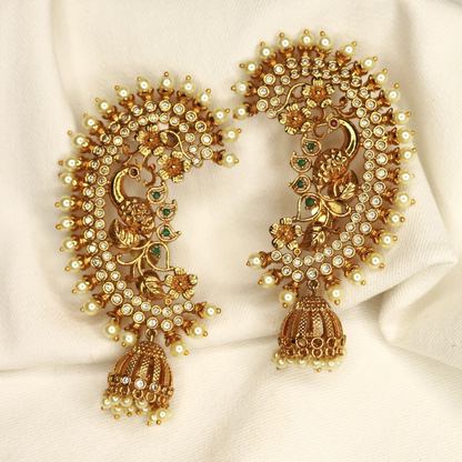 Pair of gold-plated peacock fan ear cuffs with pearl border and fluted jhumka drop, traditional Maharashtrian bridal earrings