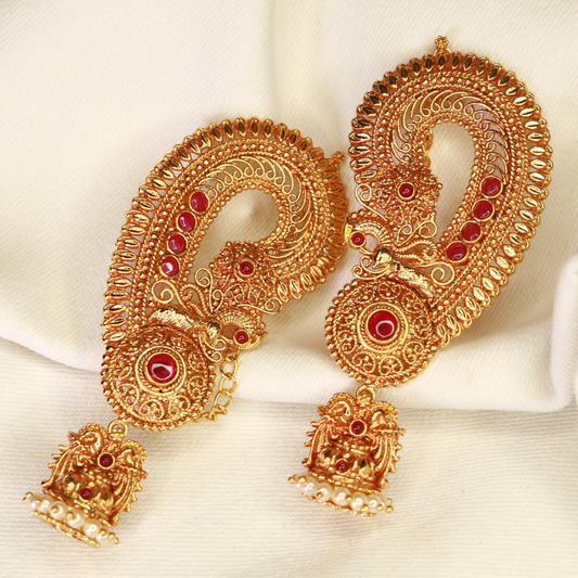 Pair of gold-plated paisley temple ear cuffs with ruby-red stones and pearl fringe jhumka, traditional Maharashtrian bridal earrings