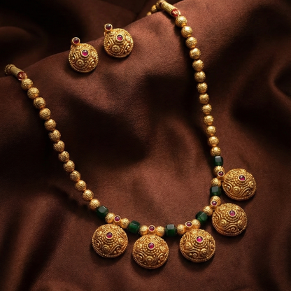 Swarna Putali Haar - Gold Plated Maharashtrian Coin Necklace by Jija Jewellery - Front View