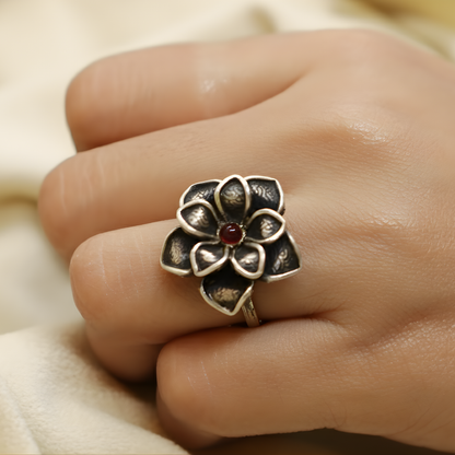 Silver Blossom Finger Ring – 92.5 Pure Silver | Oxidized Adjustable Handcrafted Ethnic Ring for Women