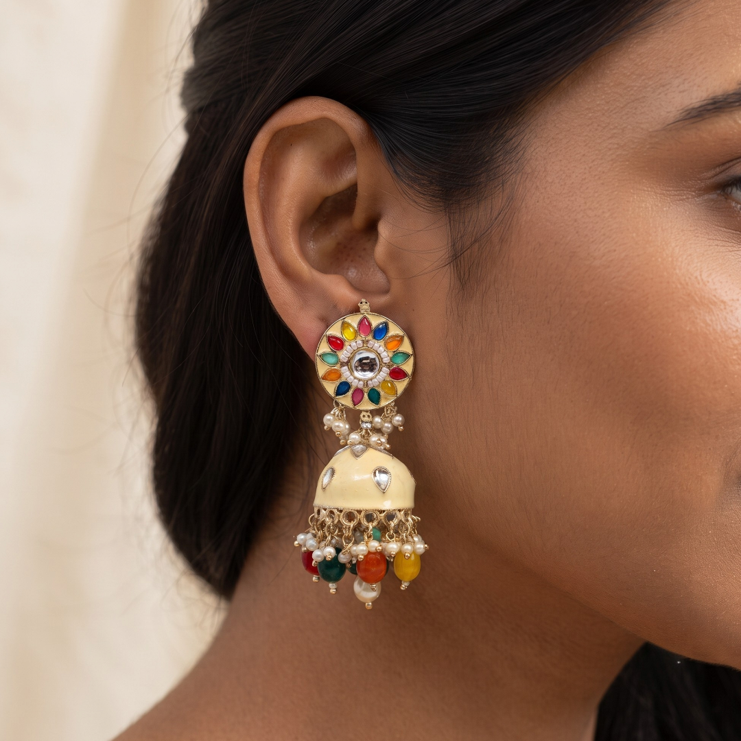 Multi Colour Zumka Earrings Gold Plated With Meena Work And Precious Stones