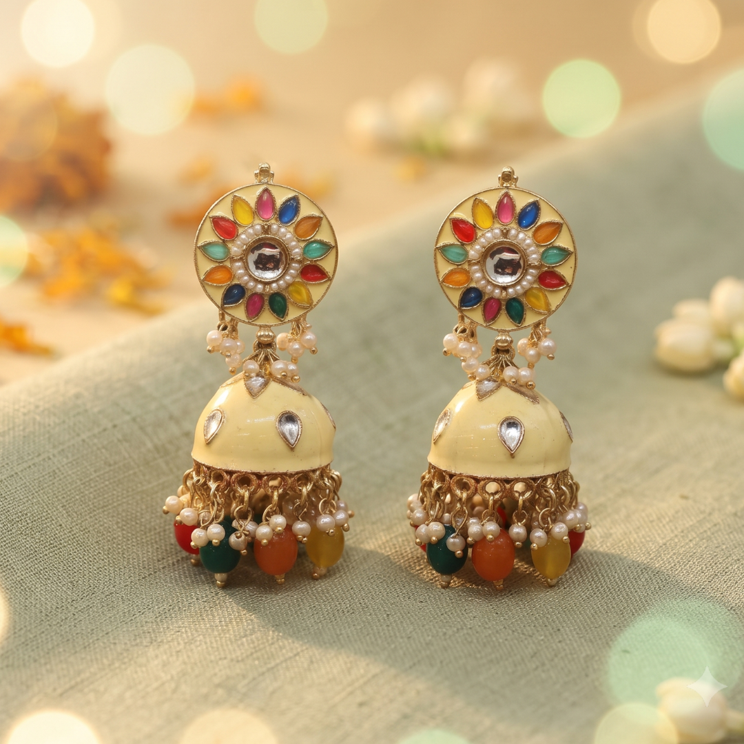 Multi Colour Zumka Earrings Gold Plated With Meena Work And Precious Stones