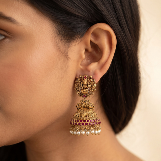 Temple Zumka Earrings – Gold Plated | Traditional Temple Design Jhumki for Weddings & Festive Occasions