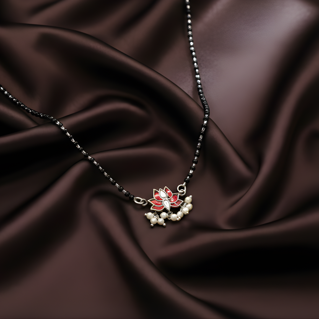 Handcrafted Silver Lotus Mangalsutra with Kundan