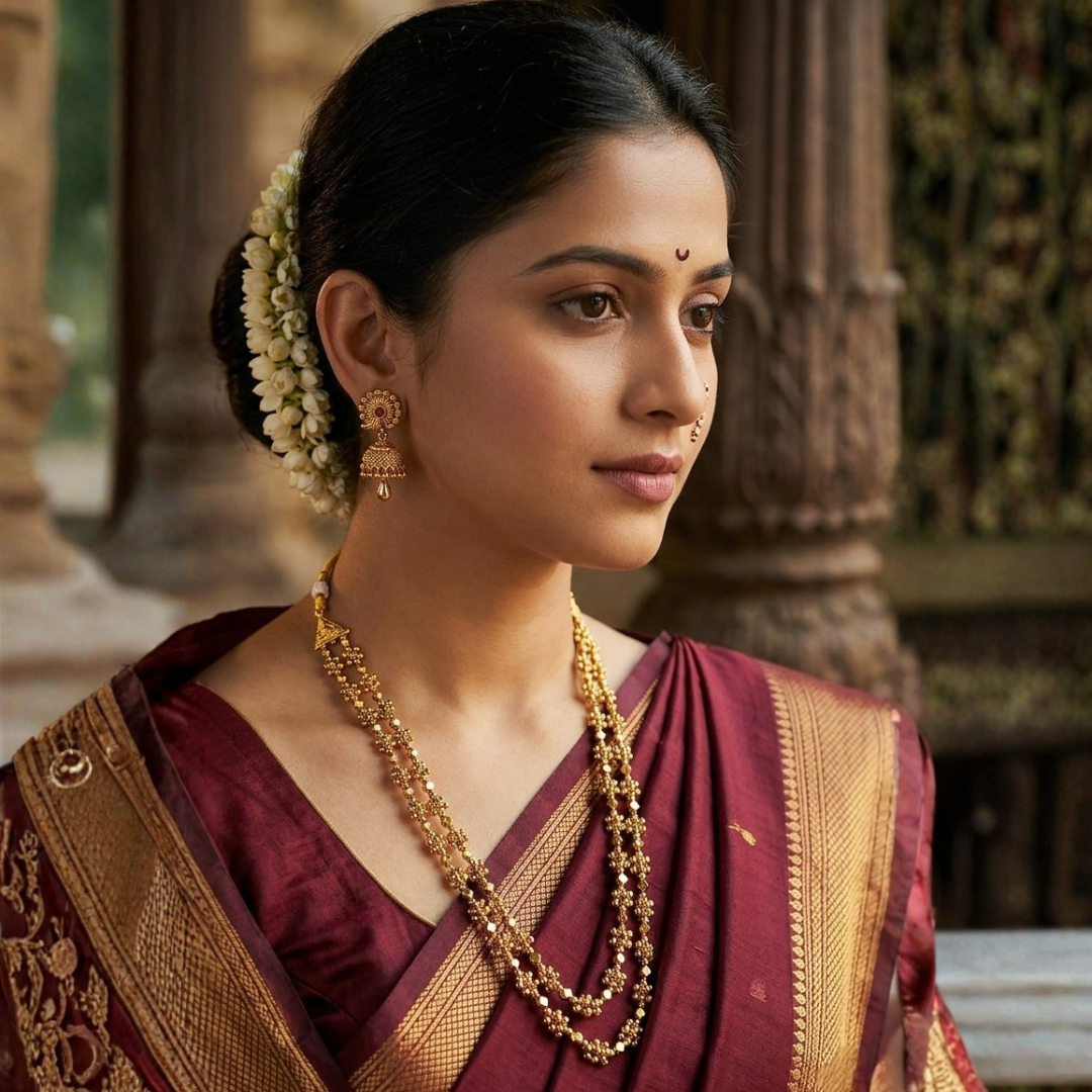 Ashtapailu Ghangru Swarna Mala worn by Maharashtrian bride in Paithani saree – Gold Plated Traditional Long Necklace | Jija Jewellery