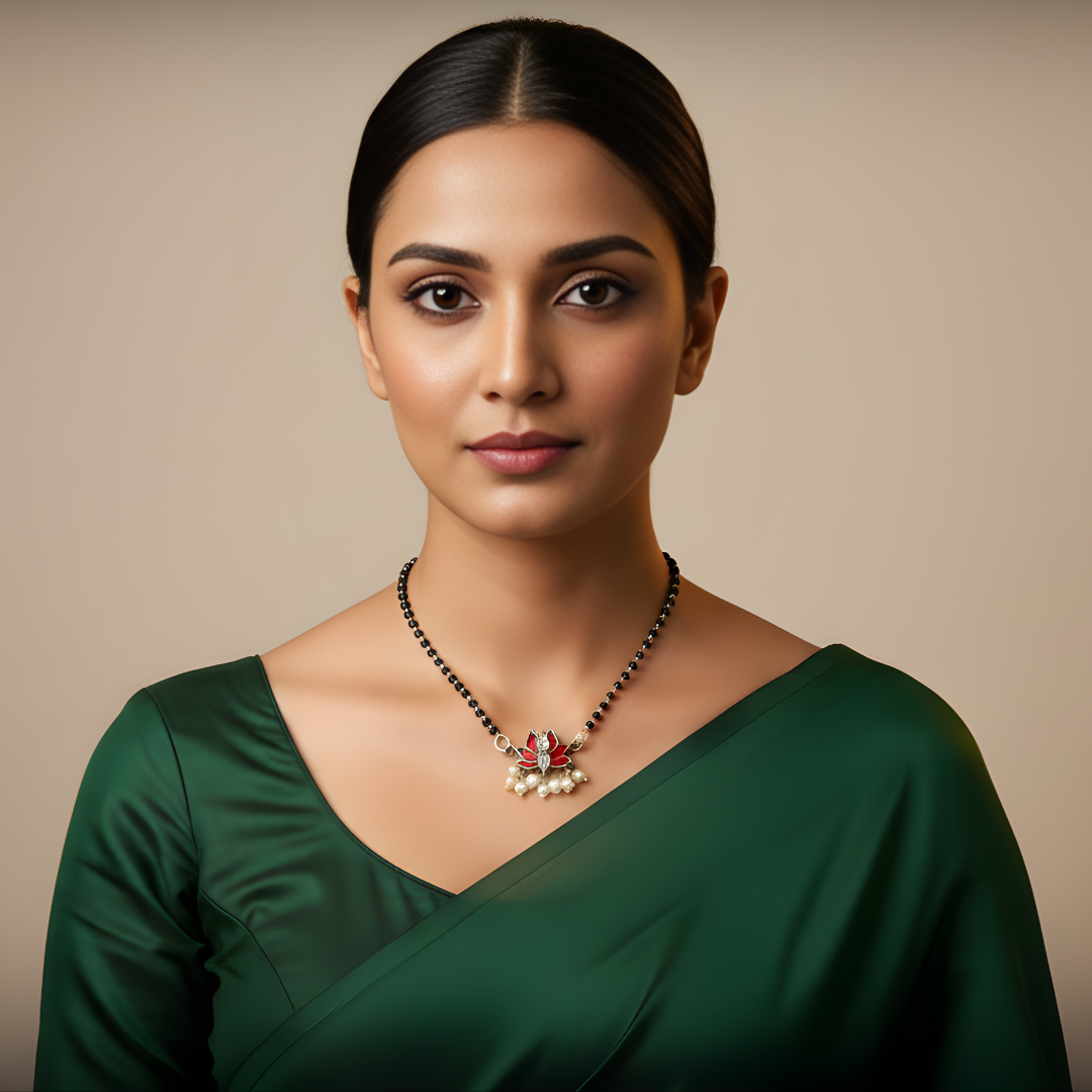 Jija Jewels silver lotus mangalsutra with black beaded chain — side and detail view