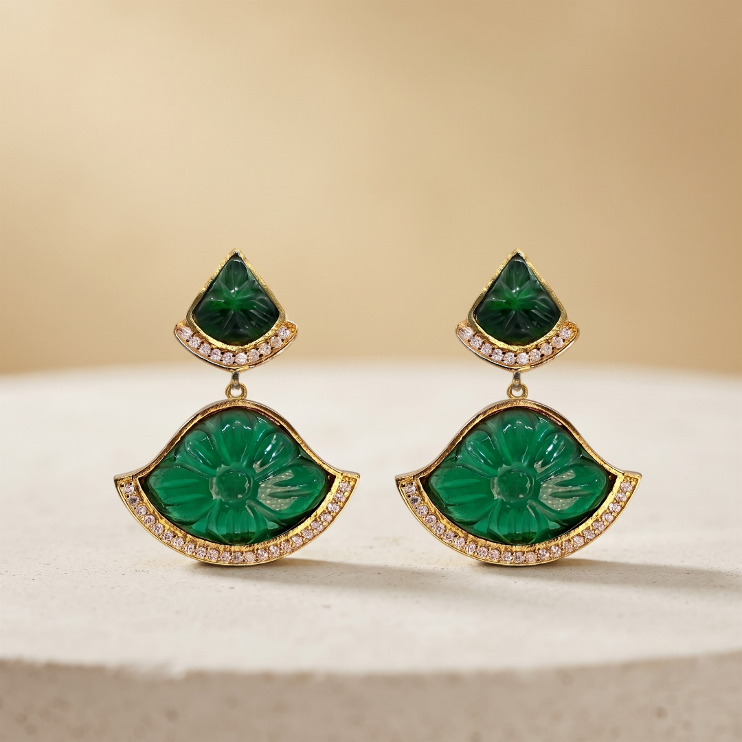 Mystic Jade Drop Earrings | Gold Plated | CZ Stone Ethnic Festive Jewellery