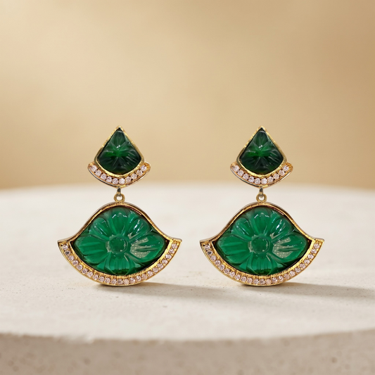 Mystic Jade Drop Earrings | Gold Plated | CZ Stone Ethnic Festive Jewellery