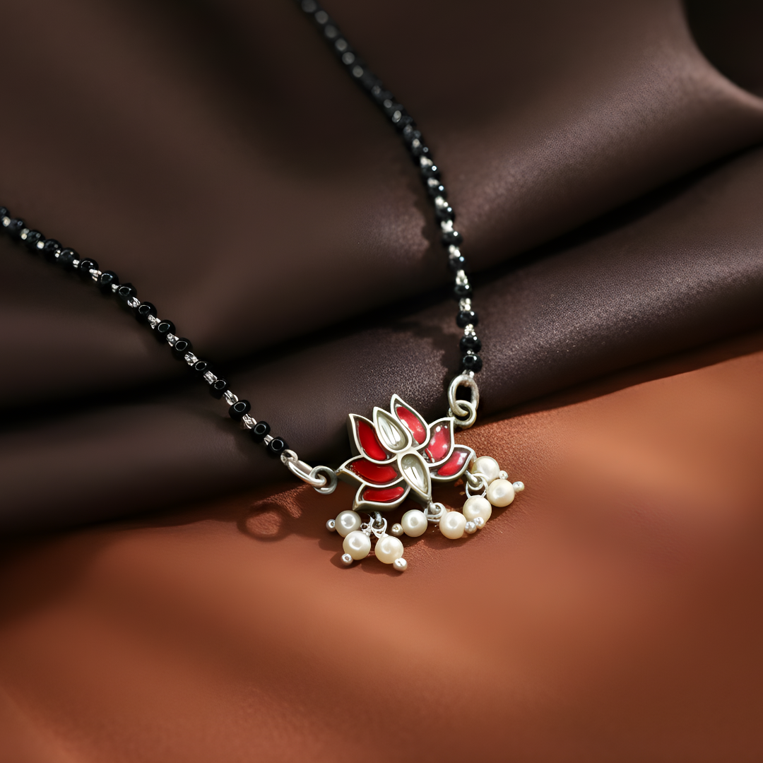 Handcrafted 92.5 Silver Lotus Mangalsutra with Kundan by Jija Jewels — front view