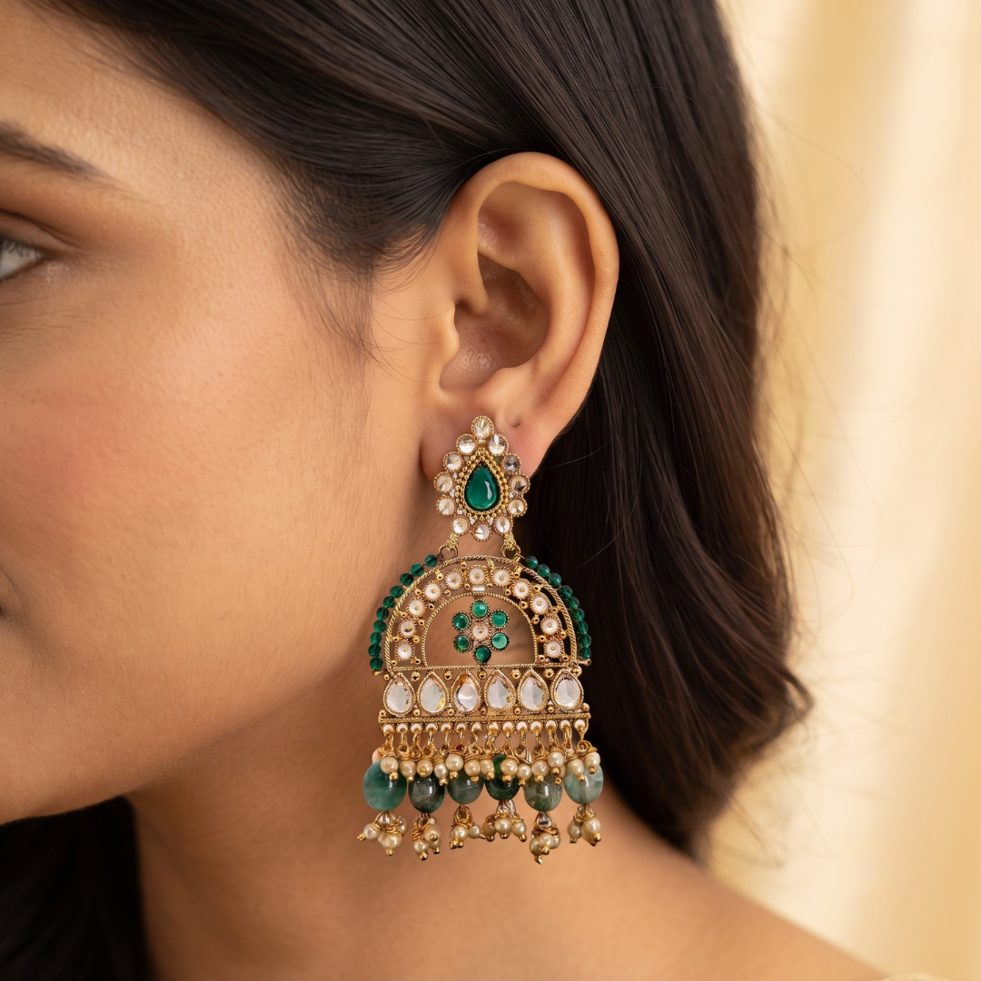 Green Luxe Spark Earrings | Gold Plated | Green CZ Stone Ethnic Danglers