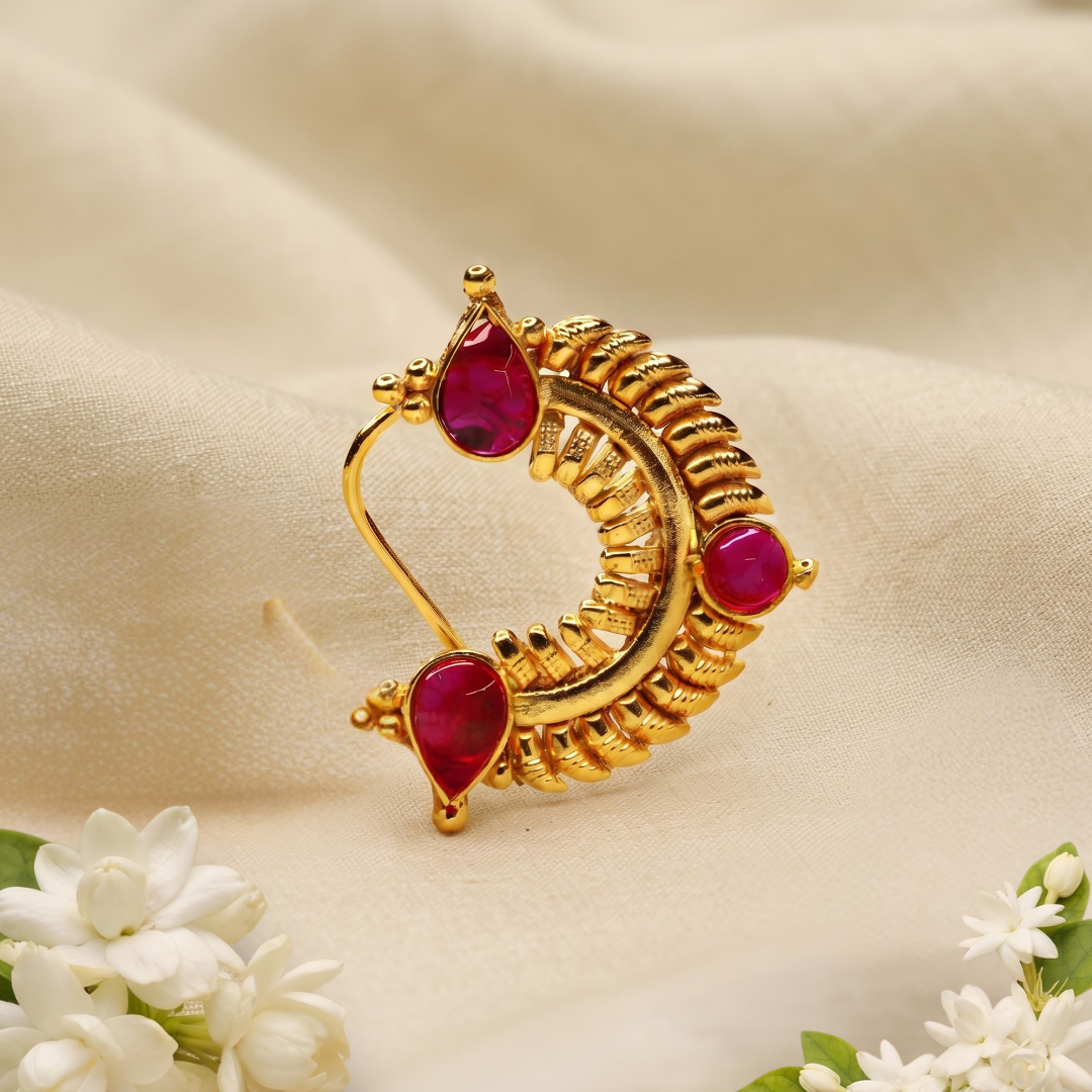 Close-up of pearl and stone detailing on Jija Jewels Maharashtrian nath