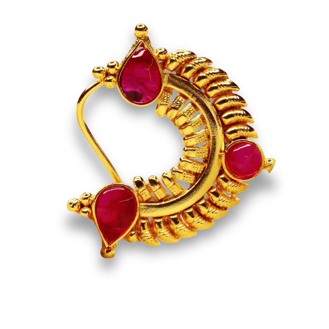 Side view of gold-plated Peshwai-style nath, handcrafted 925 silver