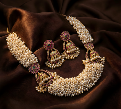 Golden Pearl Symphony South Indian necklace set with jhumki latkans and pearl work – gold plated – Jija Jewellery Satara