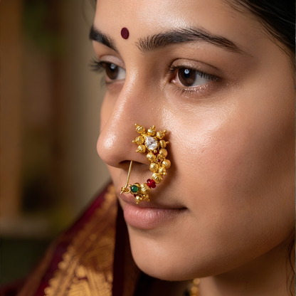 Maharashtrian Nath | Gold Plated CZ Nose Pin | No Piercing | Ruby & Emerald | Bridal Nath
