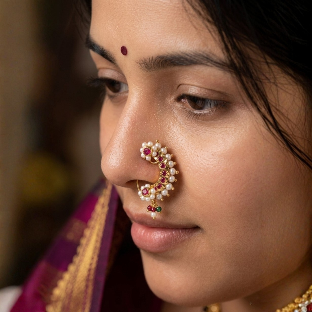 Chandra Nath worn by bride showing crescent arc with ruby and pearl flower mounts on nose - Jija Jewellery