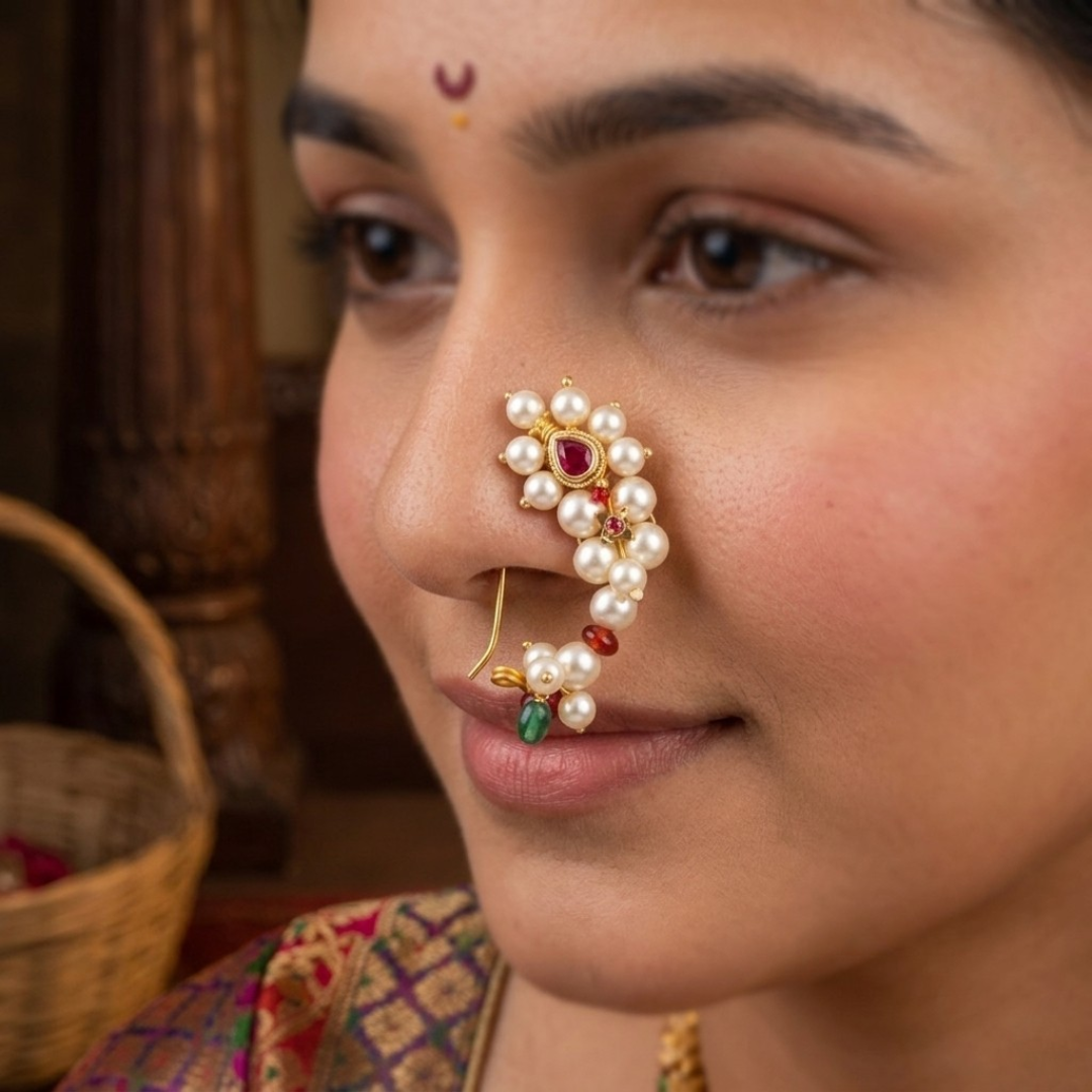 Maharashtrian pearl cluster Nath worn by bride showing on-face fit with ruby kundan centre and emerald dori tail - Jija Jewellery